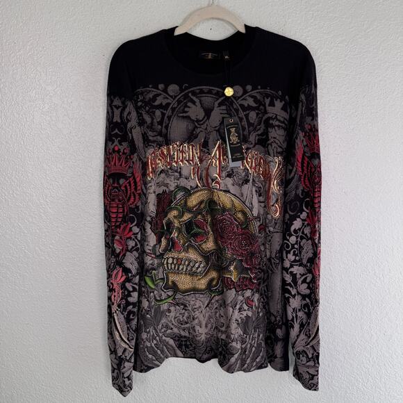 Christian Audigier Other - Christian Audigier Shirt Mens XL Thermal Skull Rose Rhinestone Y2K Tattoo NEW